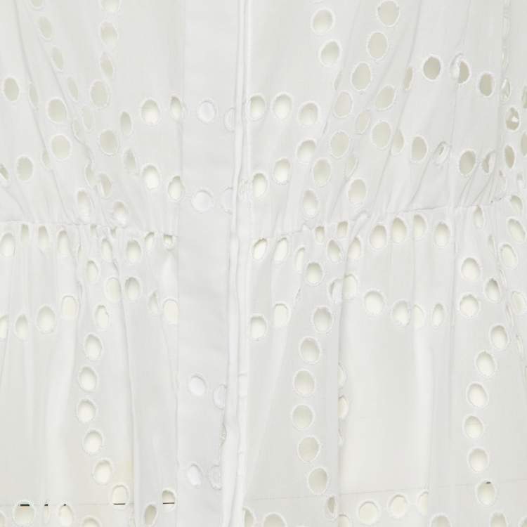 Pre Owned Oscar de la Renta White Eyelet Cotton Midi Dress S
