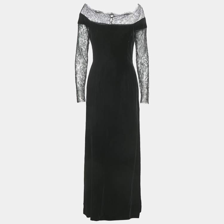 Pre Owned Oscar de la Renta Black Lace Trim Velvet Maxi Dress M