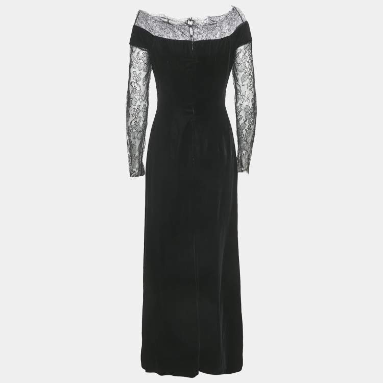 Pre Owned Oscar de la Renta Black Lace Trim Velvet Maxi Dress M
