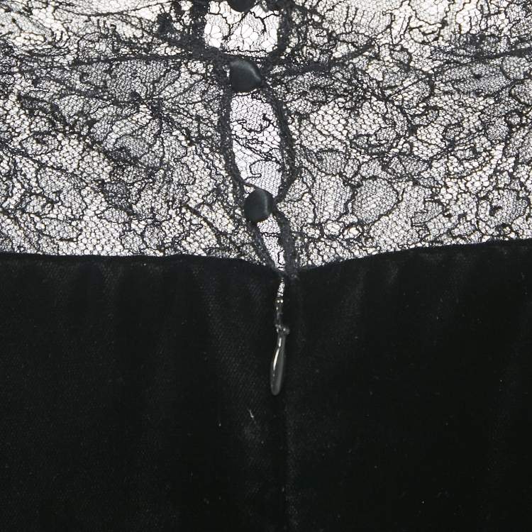 Pre Owned Oscar de la Renta Black Lace Trim Velvet Maxi Dress M