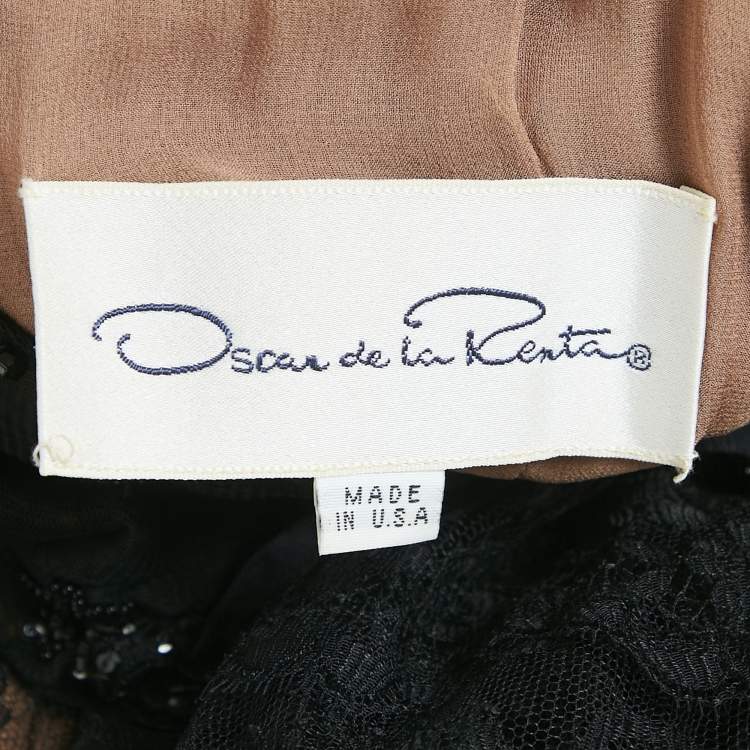 Pre Owned Oscar de la Renta Vintage Black Embellished Lace and Crepe Long Dress S