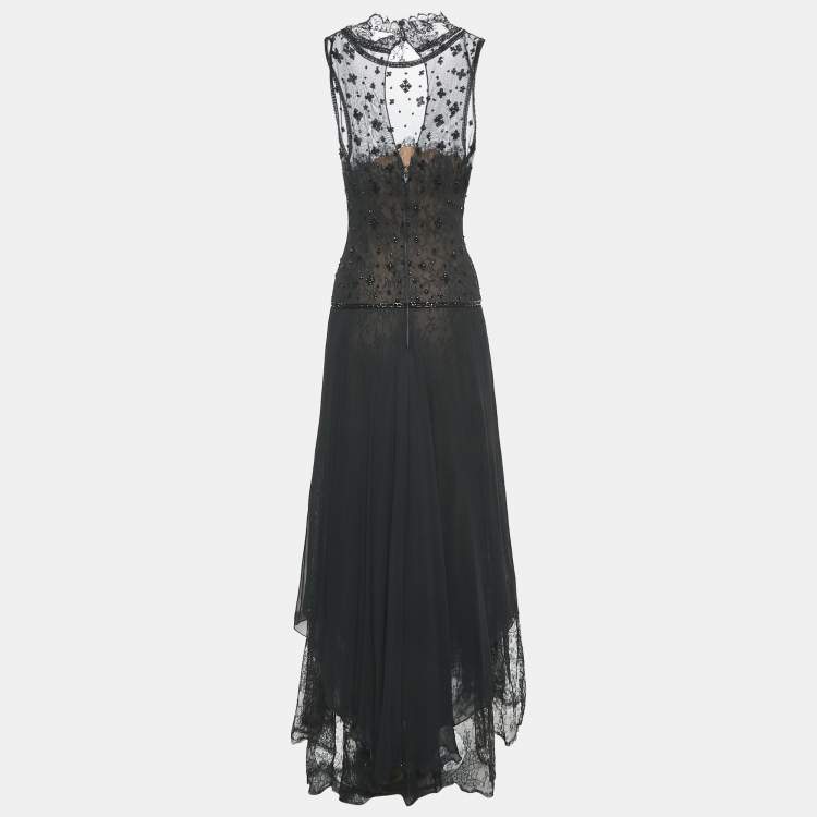 Pre Owned Oscar de la Renta Vintage Black Embellished Lace and Crepe Long Dress S