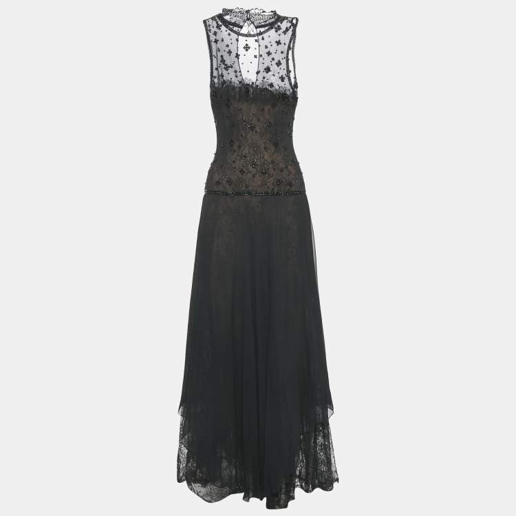 Pre Owned Oscar de la Renta Vintage Black Embellished Lace and Crepe Long Dress S