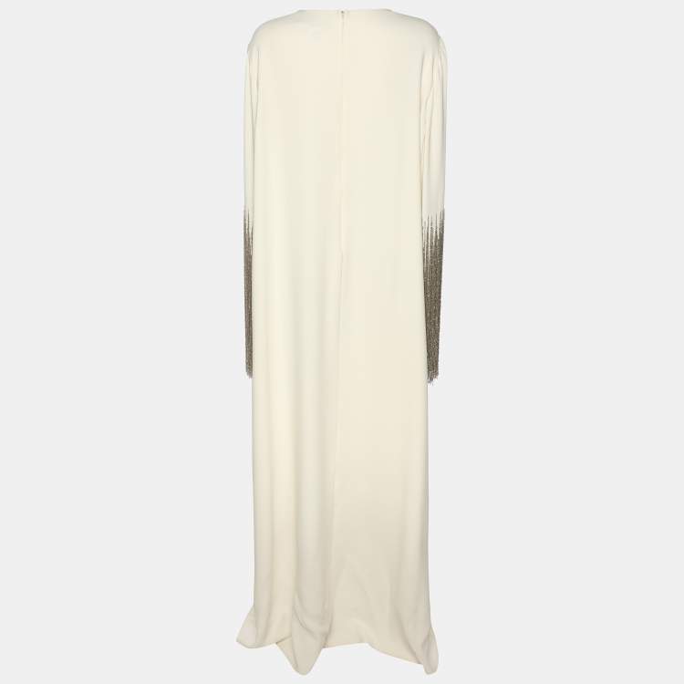 Pre Owned Oscar de la Renta Cream Crepe Beaded Fringe Caftan XL