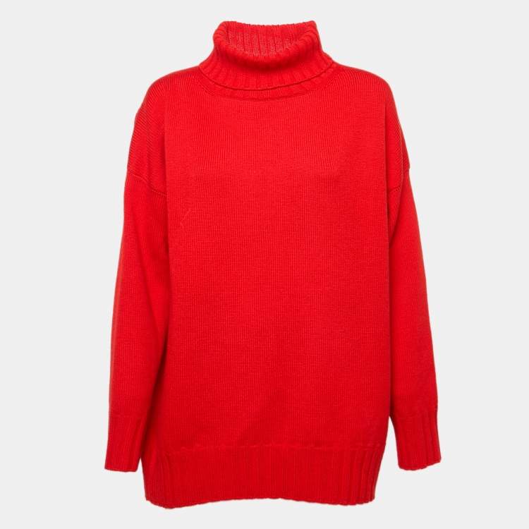 مملوكة مسبقًا Oscar de la Renta Red Wool Rib Knit Turtle Neck Sweater S