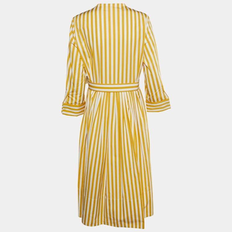 Pre Owned Oscar de la Renta Yellow Striped Cotton Belted Maxi Dress XL