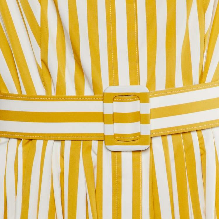 Pre Owned Oscar de la Renta Yellow Striped Cotton Belted Maxi Dress XL