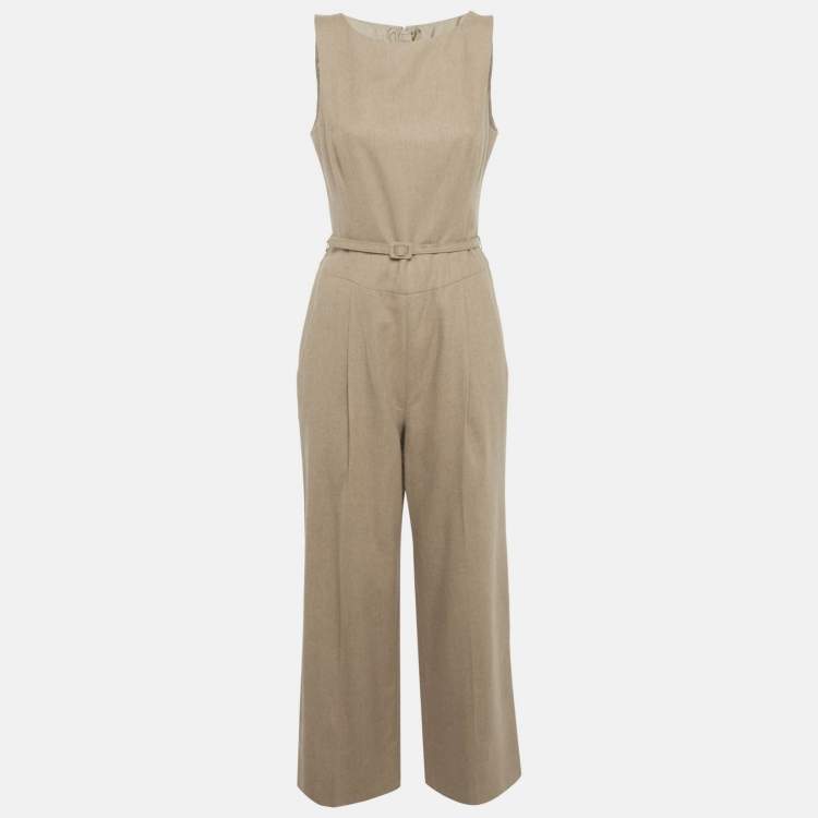 Pre Owned Oscar de la Renta Brown Camel Wool Belted Sleeveless Jumpsuit M