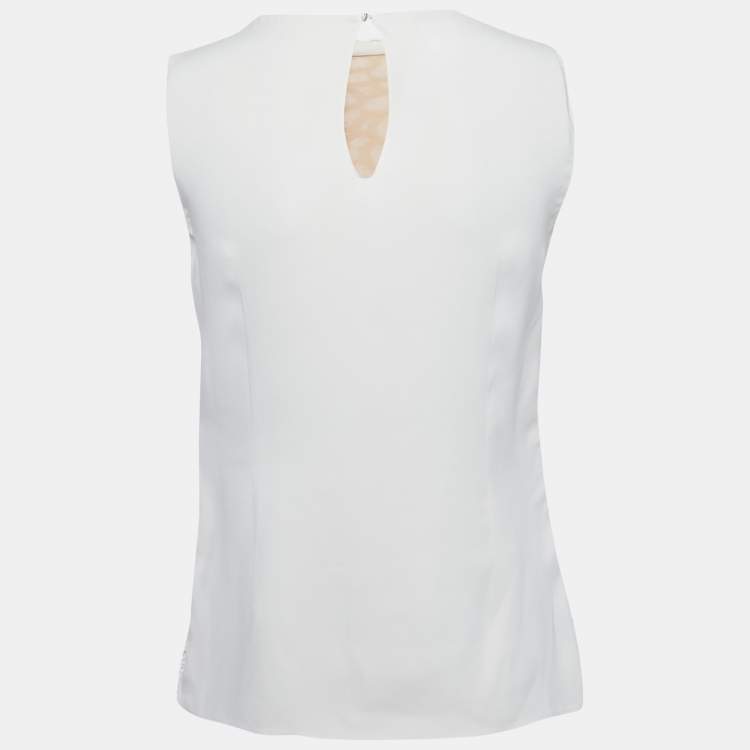 Pre Owned Oscar de la Renta White Lace and Crepe Sleeveless Top M