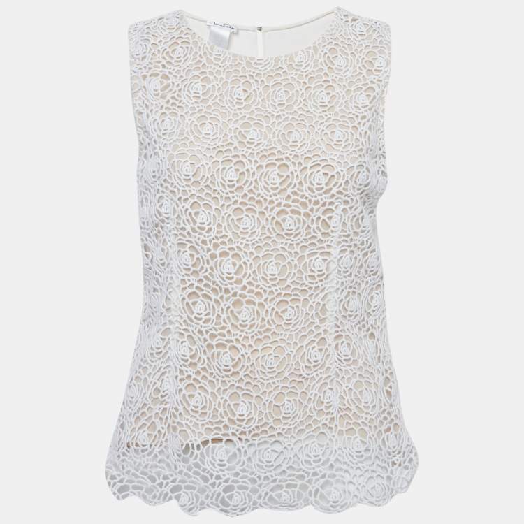 Pre Owned Oscar de la Renta White Lace and Crepe Sleeveless Top M