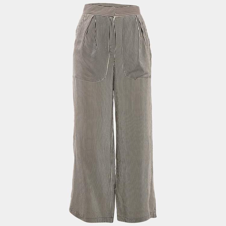 Pre Owned Oscar de la Renta Black Striped Silk Wide-Leg Trousers S
