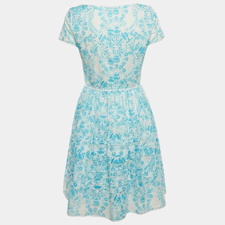 Pre Owned Oscar de la Renta Blue & White Printed Cotton Mini Dress S
