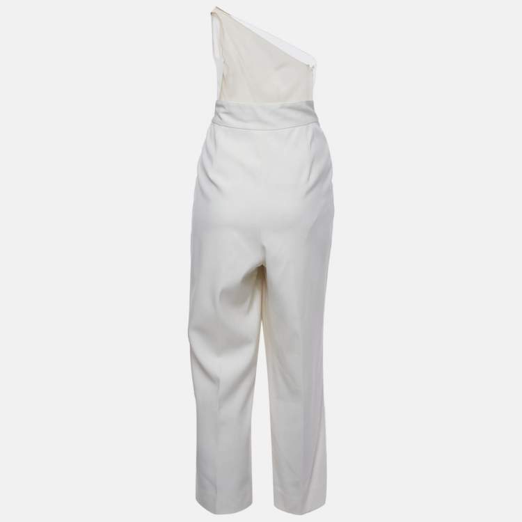 Pre Owned Oscar de la Renta White Tulle Trim Wool One Shoulder Jumpsuit L