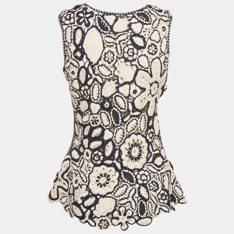 Pre Owned Oscar de la Renta Blue/Cream Patterned Crochet Top M