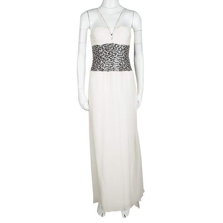 Pre Owned Oscar De La Renta Off White Basket Weave Embellished Ruched Silk Gown S