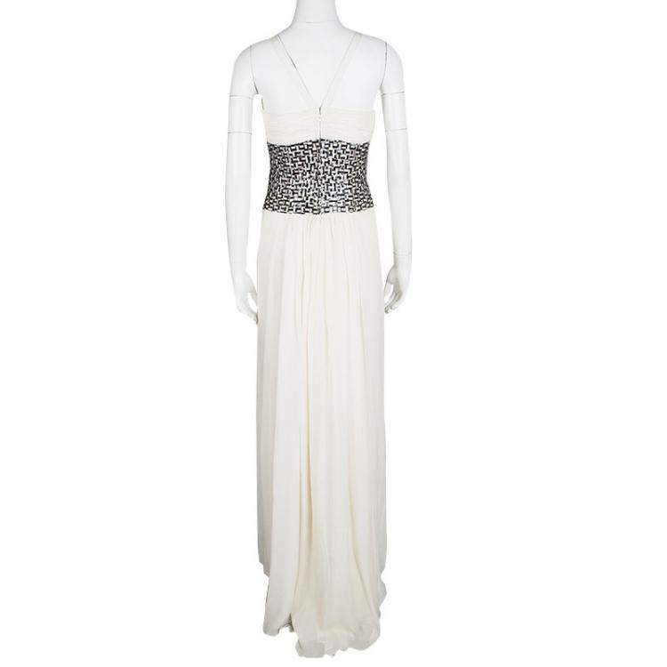 Pre Owned Oscar De La Renta Off White Basket Weave Embellished Ruched Silk Gown S