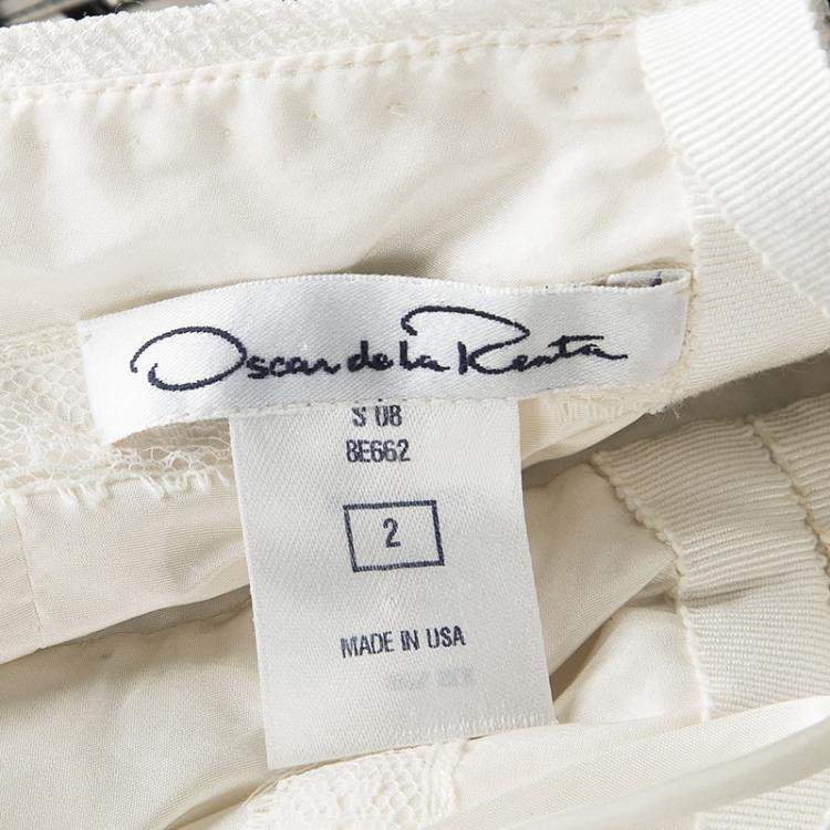 Pre Owned Oscar De La Renta Off White Basket Weave Embellished Ruched Silk Gown S