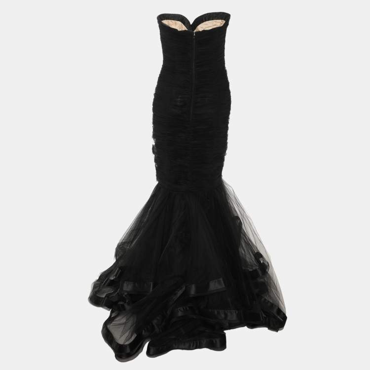 Pre Owned Oscar de la Renta Black Tulle Strapless Gown M