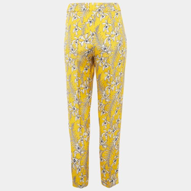Pre Owned Oscar de la Renta Yellow Floral Print Silk Crepe Trousers S