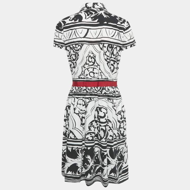 Pre Owned Oscar de la Renta White /Black Printed Cotton Blend Midi Dress L