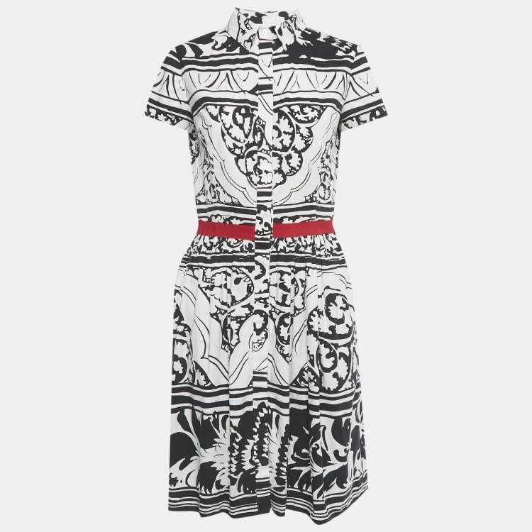 Pre Owned Oscar de la Renta White /Black Printed Cotton Blend Midi Dress L