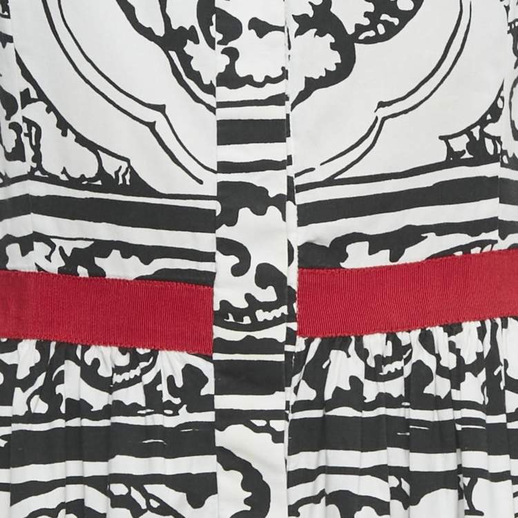 Pre Owned Oscar de la Renta White /Black Printed Cotton Blend Midi Dress L