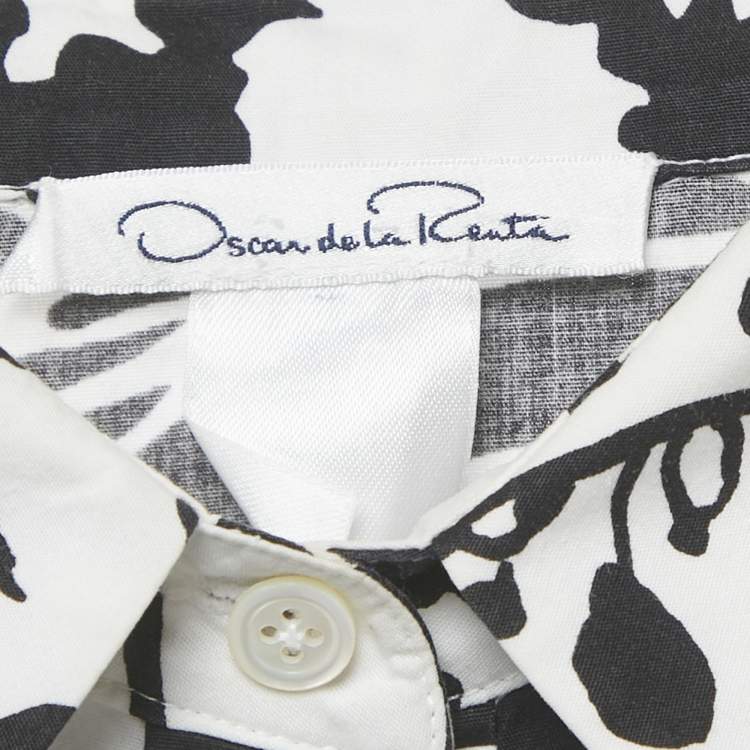 Pre Owned Oscar de la Renta White /Black Printed Cotton Blend Midi Dress L