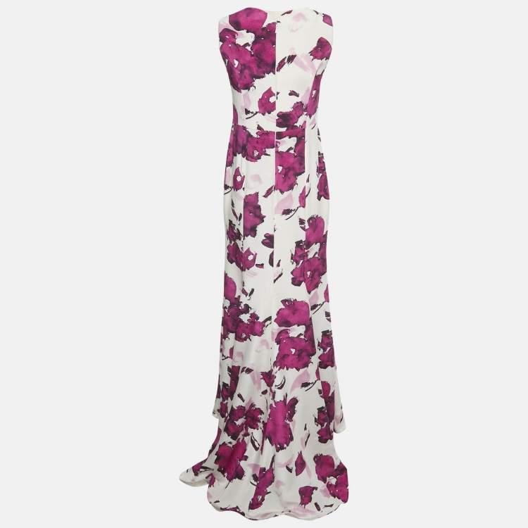 Pre Owned Oscar de la Renta Beige Watercolor Printed Silk Maxi Dress M