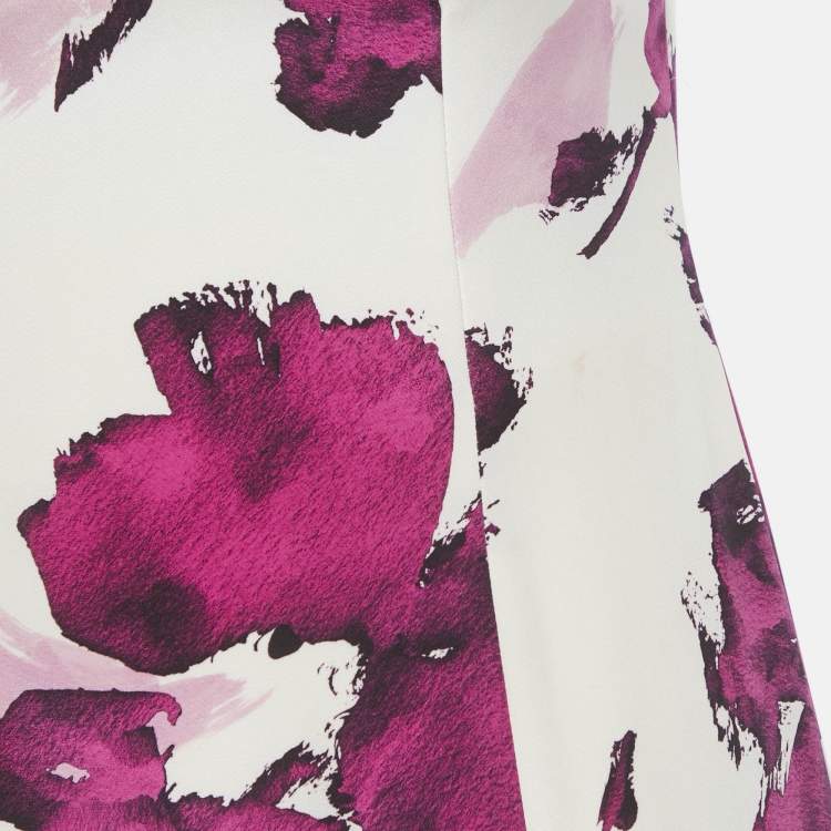 Pre Owned Oscar de la Renta Beige Watercolor Printed Silk Maxi Dress M