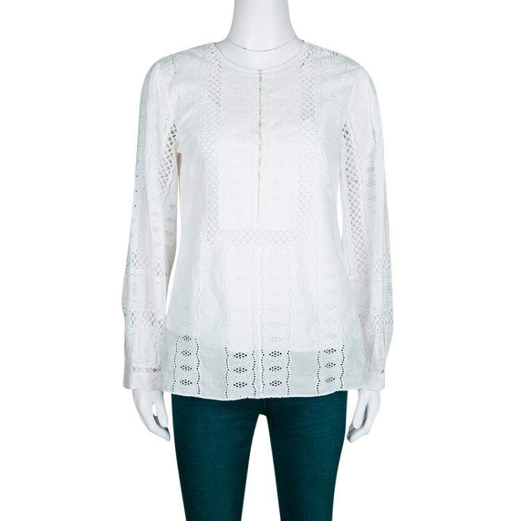 مملوكة مسبقًا Oscar De La Renta White Broderie Anglaise Long Sleeve Blouse M
