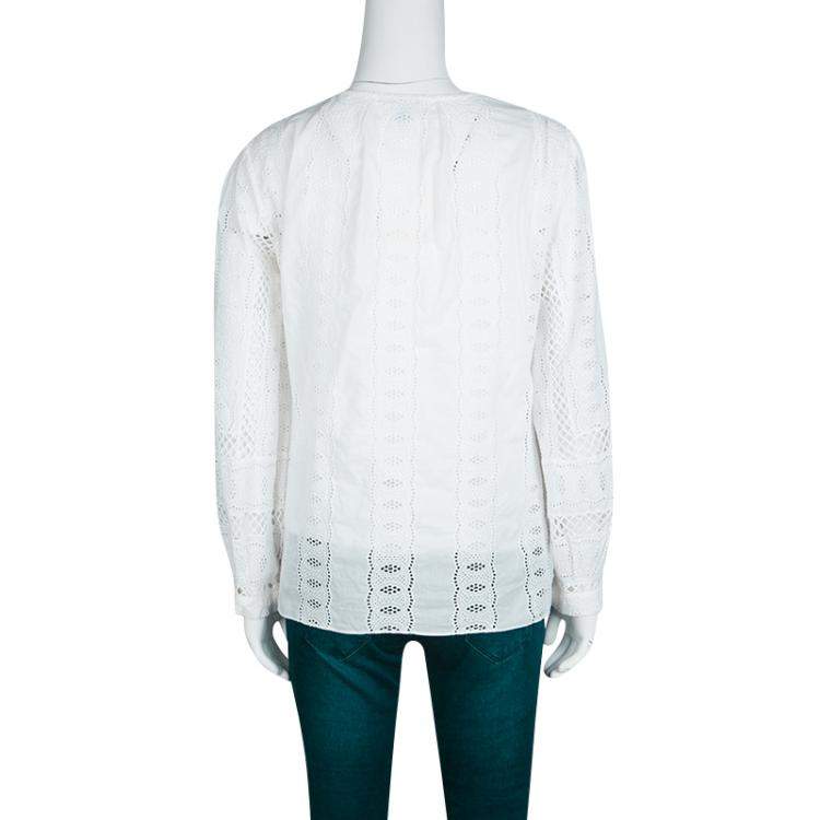 مملوكة مسبقًا Oscar De La Renta White Broderie Anglaise Long Sleeve Blouse M