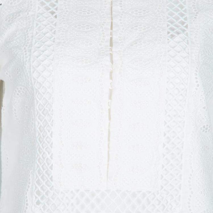 مملوكة مسبقًا Oscar De La Renta White Broderie Anglaise Long Sleeve Blouse M
