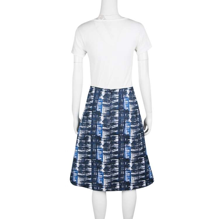 Pre Owned Oscar de la Renta Blue and White Printed A-Line Inverted Pleat Skirt S