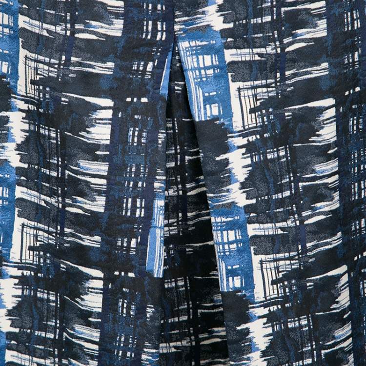 Pre Owned Oscar de la Renta Blue and White Printed A-Line Inverted Pleat Skirt S