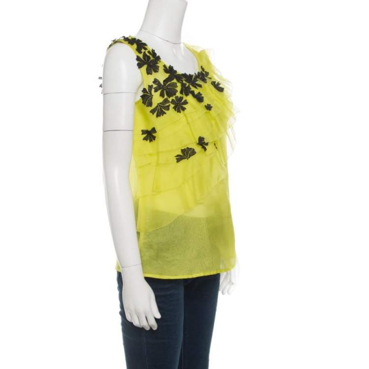 Pre Owned Oscar de la Renta Chartreuse Ruffled Floral Applique Detail Silk Organza Top M