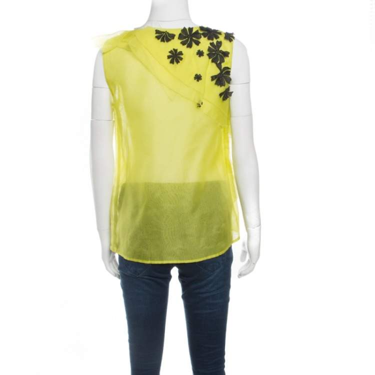 Pre Owned Oscar de la Renta Chartreuse Ruffled Floral Applique Detail Silk Organza Top M