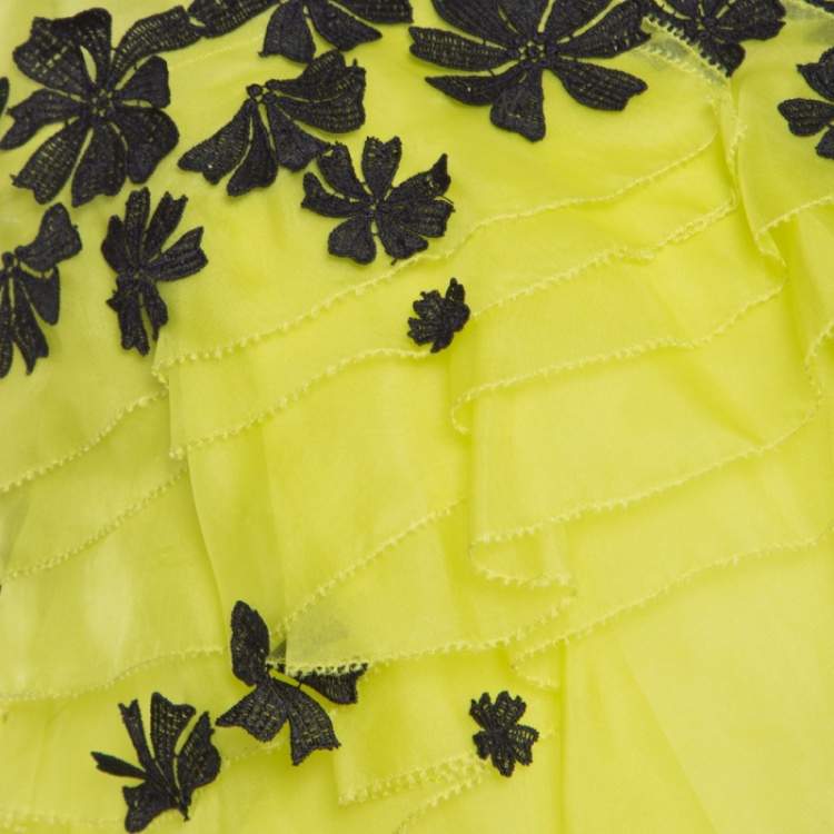 Pre Owned Oscar de la Renta Chartreuse Ruffled Floral Applique Detail Silk Organza Top M