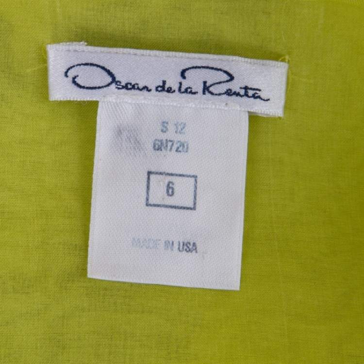 Pre Owned Oscar de la Renta Chartreuse Ruffled Floral Applique Detail Silk Organza Top M