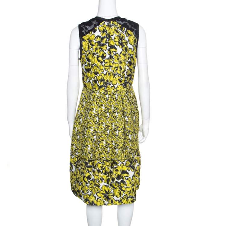 Pre Owned Oscar de la Renta Yellow and Black Embossed Floral Jacquard Lace Detail Dress L