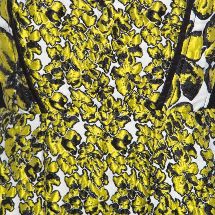 Pre Owned Oscar de la Renta Yellow and Black Embossed Floral Jacquard Lace Detail Dress L