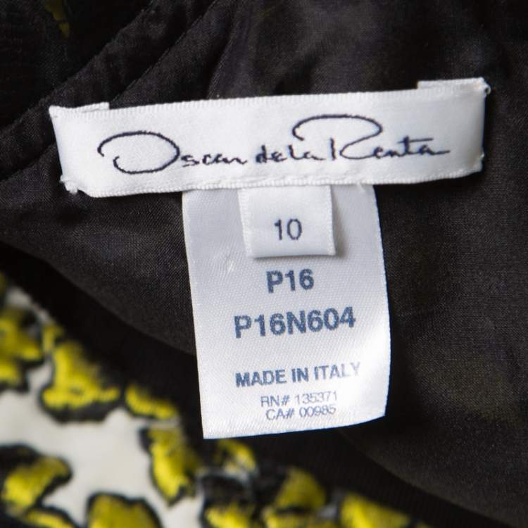 Pre Owned Oscar de la Renta Yellow and Black Embossed Floral Jacquard Lace Detail Dress L