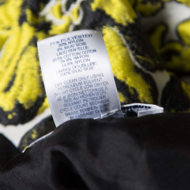 Pre Owned Oscar de la Renta Yellow and Black Embossed Floral Jacquard Lace Detail Dress L