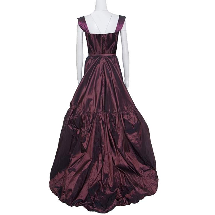 Pre Owned Oscar de la Renta Burgundy Silk Tiered Belted Sleeveless Gown S