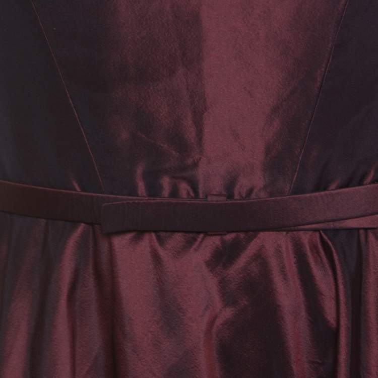 Pre Owned Oscar de la Renta Burgundy Silk Tiered Belted Sleeveless Gown S