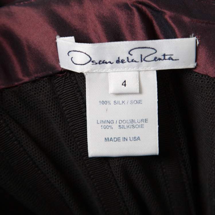 Pre Owned Oscar de la Renta Burgundy Silk Tiered Belted Sleeveless Gown S