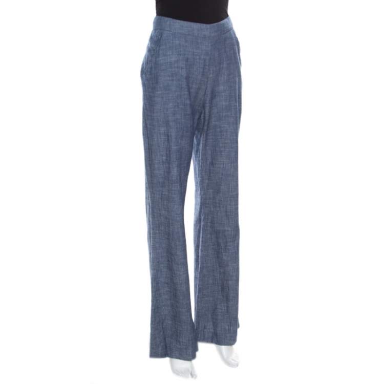Pre Owned Oscar de la Renta Blue Cotton High Waisted Wide Leg Trousers M