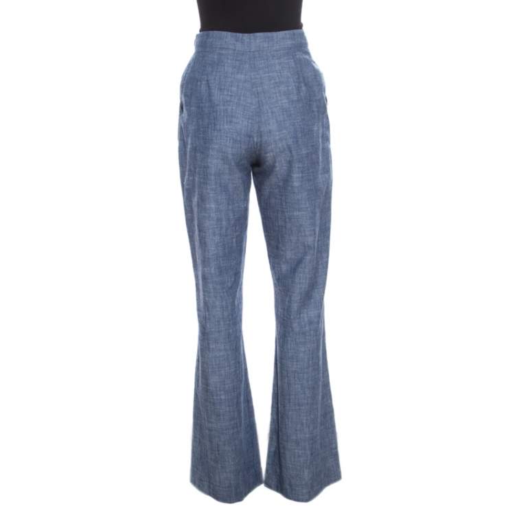 Pre Owned Oscar de la Renta Blue Cotton High Waisted Wide Leg Trousers M