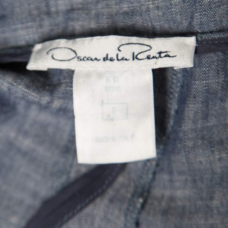 Pre Owned Oscar de la Renta Blue Cotton High Waisted Wide Leg Trousers M