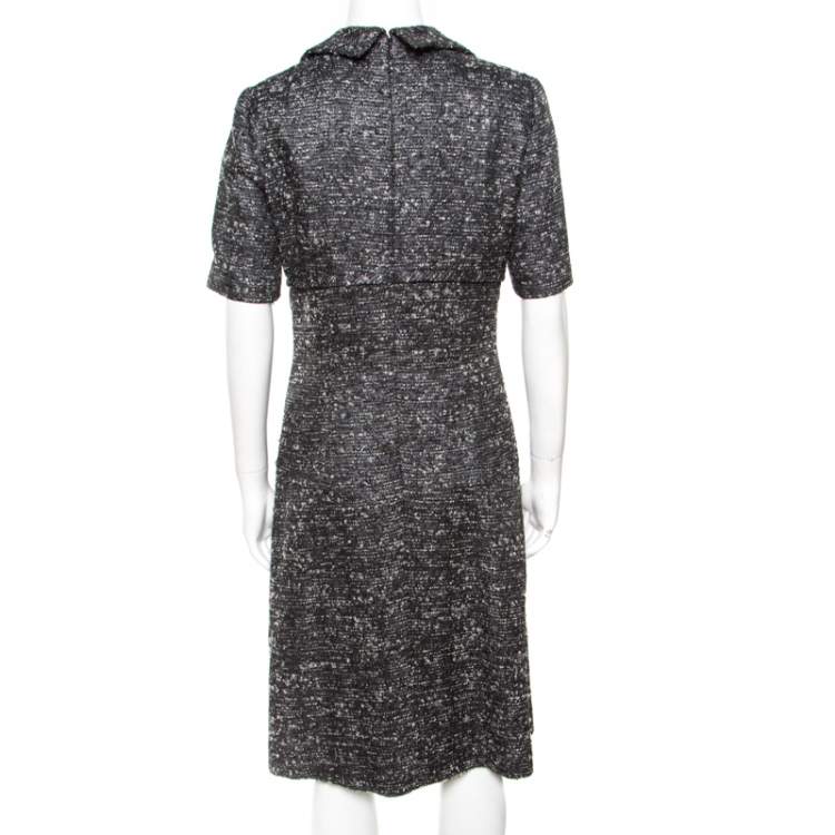 مملوكة مسبقًا Oscar de la Renta Grey Textured Lurex Plunge Neck Detail Short Sleeve Dress M