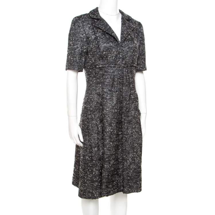مملوكة مسبقًا Oscar de la Renta Grey Textured Lurex Plunge Neck Detail Short Sleeve Dress M